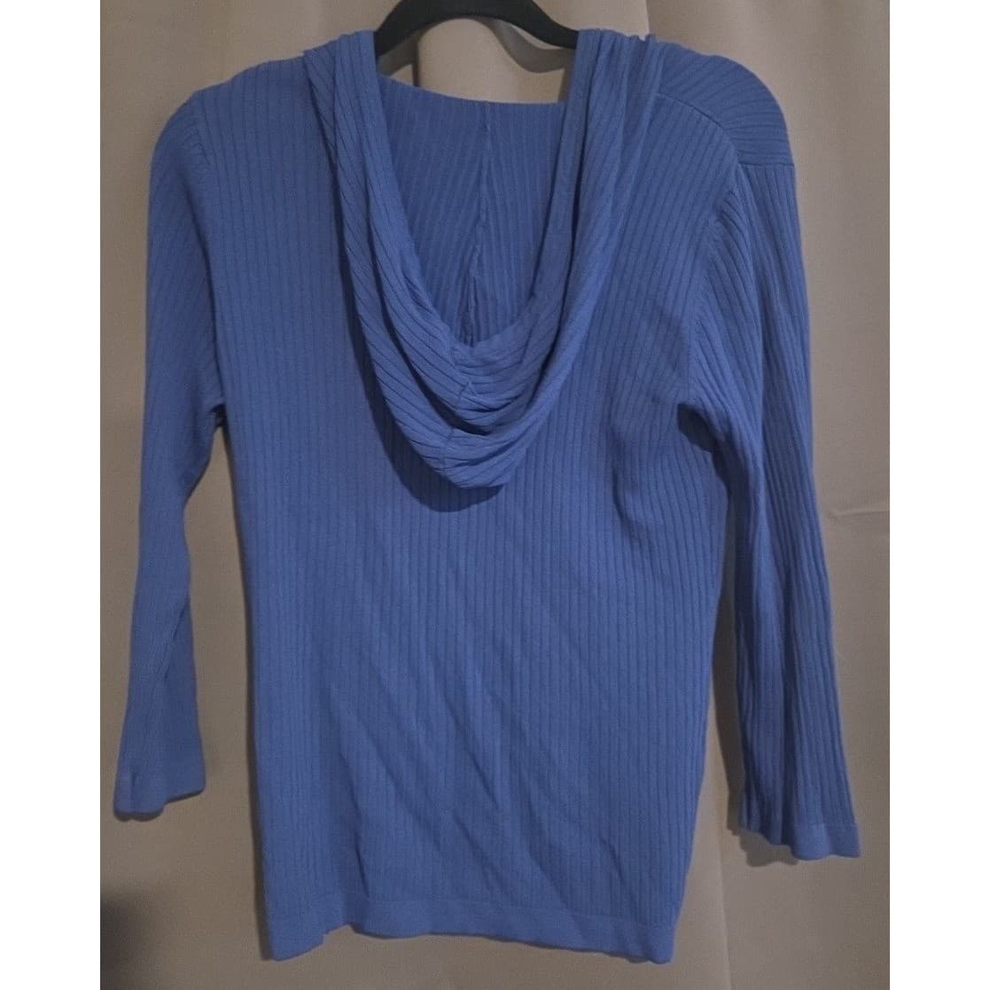 Adamo Royal Blue Ribbed Knit Hooded Button Front Cardigan, Women's Large Sweater - Thumbnail 4