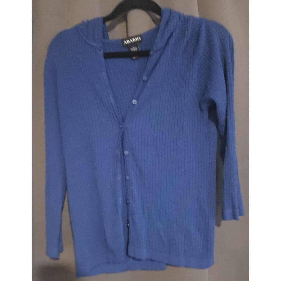 Adamo Royal Blue Ribbed Knit Hooded Button Front Cardigan, Women's Large Sweater - Thumbnail 3