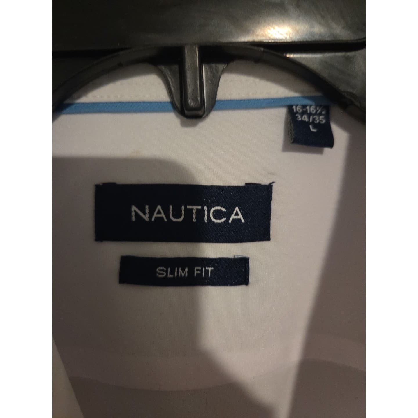 Nautica Slim Fit White Long Sleeve Shirt, Avant Logo, Men's Large 16-16.5 34/35 - Thumbnail 5