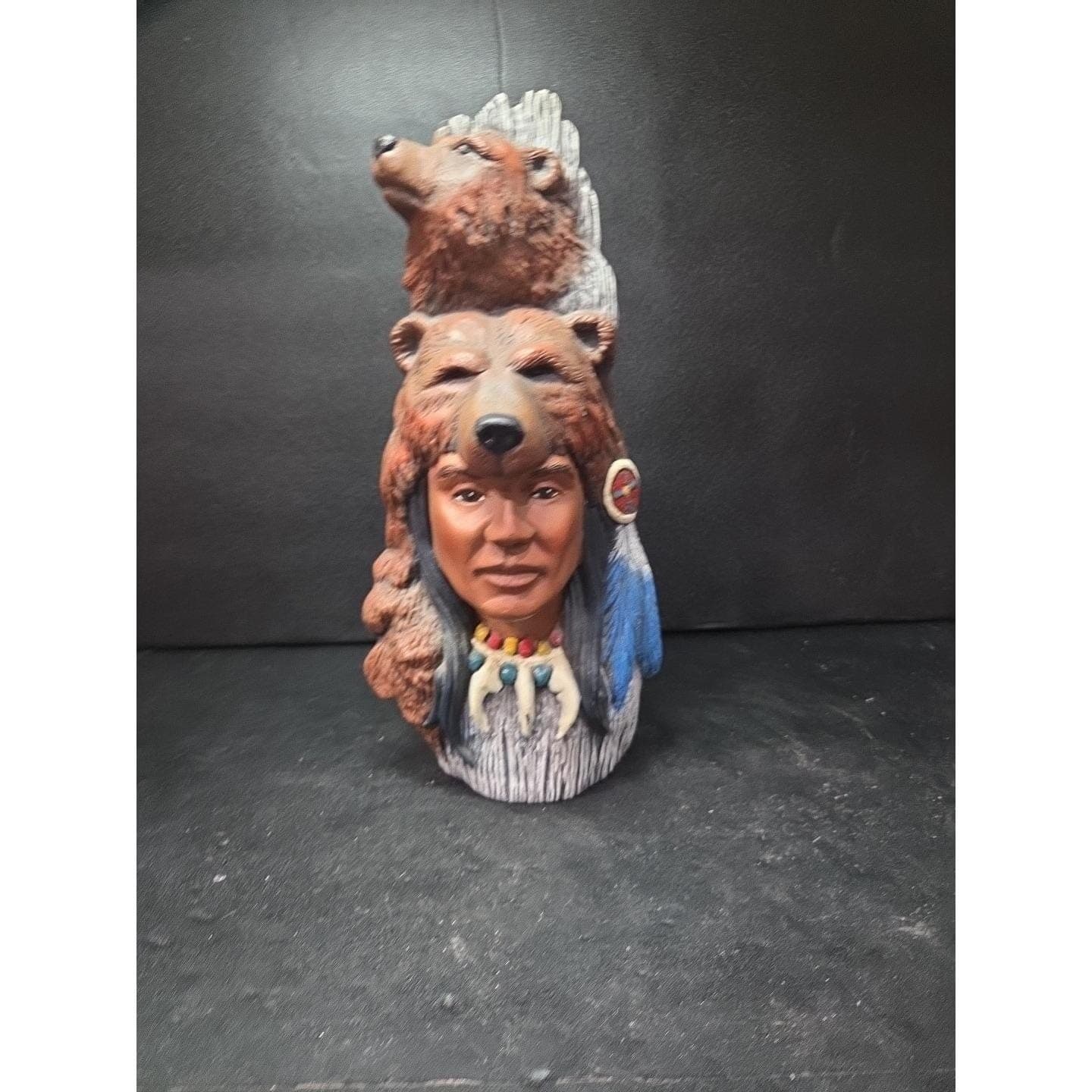 Native American Indian Chief with Bear Hat Ceramic Figurine, Vtg Spirit Decor