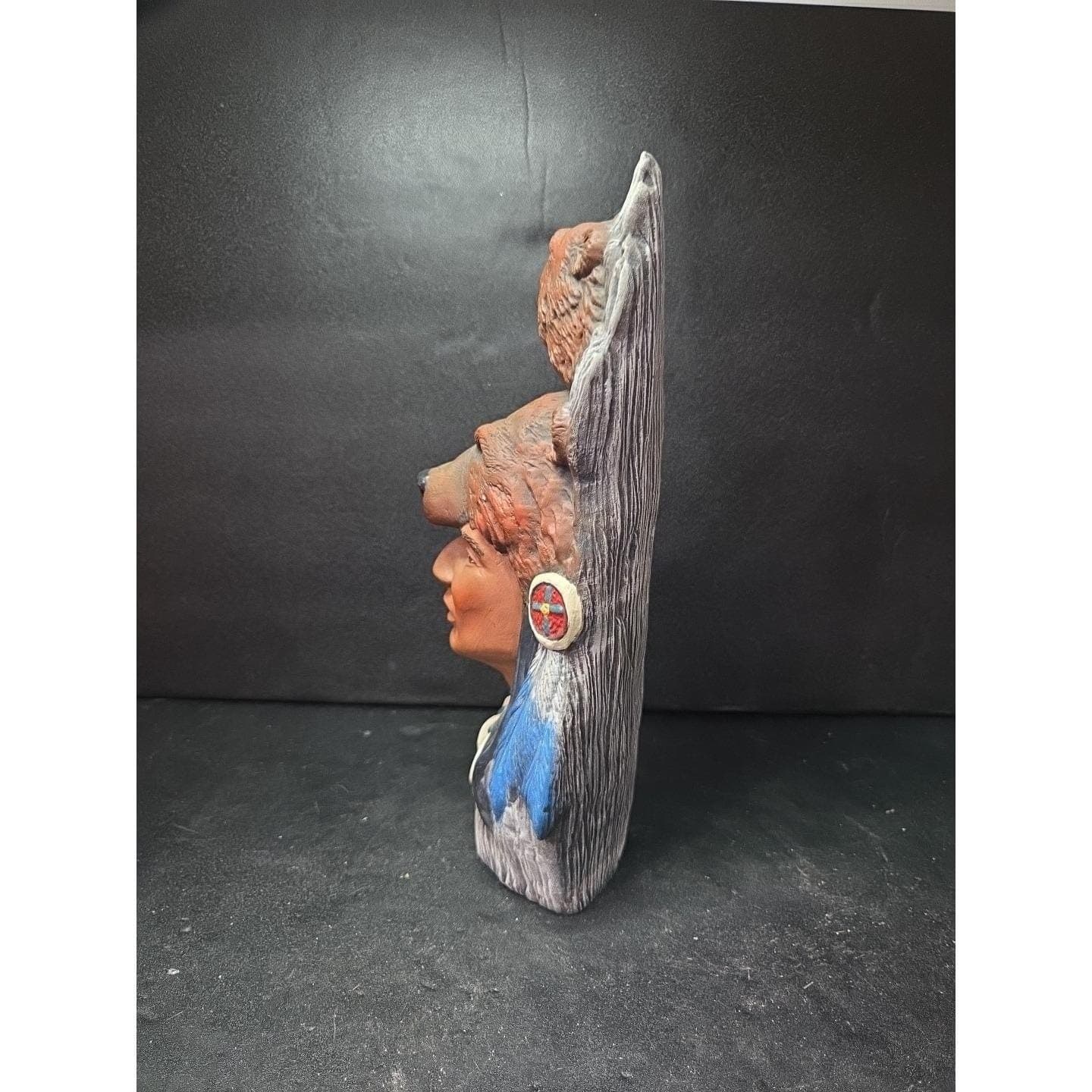 Native American Indian Chief with Bear Hat Ceramic Figurine, Vtg Spirit Decor - Thumbnail 5