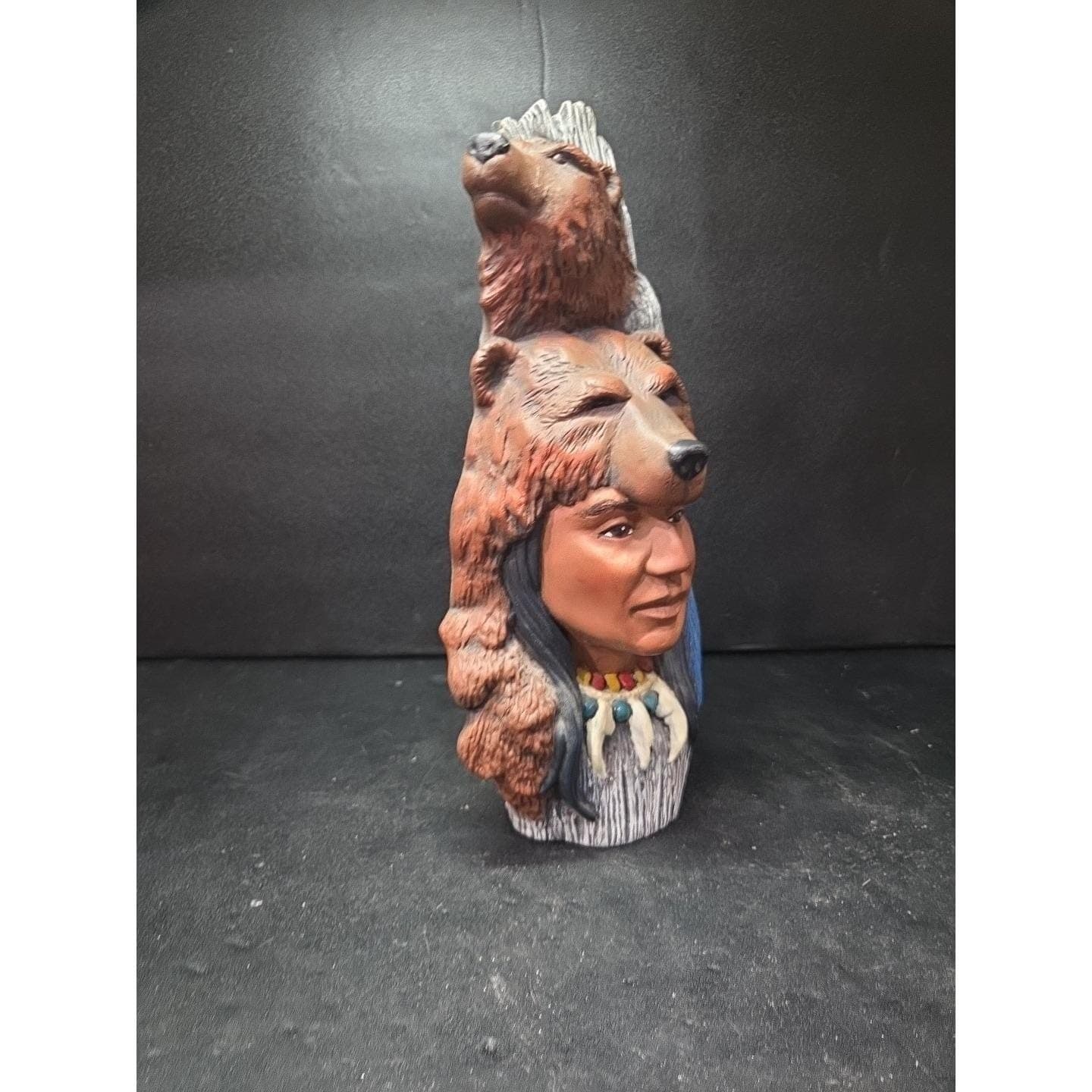 Native American Indian Chief with Bear Hat Ceramic Figurine, Vtg Spirit Decor - Thumbnail 2