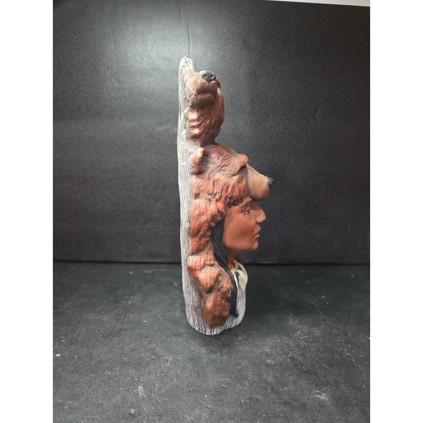 Native American Indian Chief with Bear Hat Ceramic Figurine, Vtg Spirit Decor - Thumbnail 3