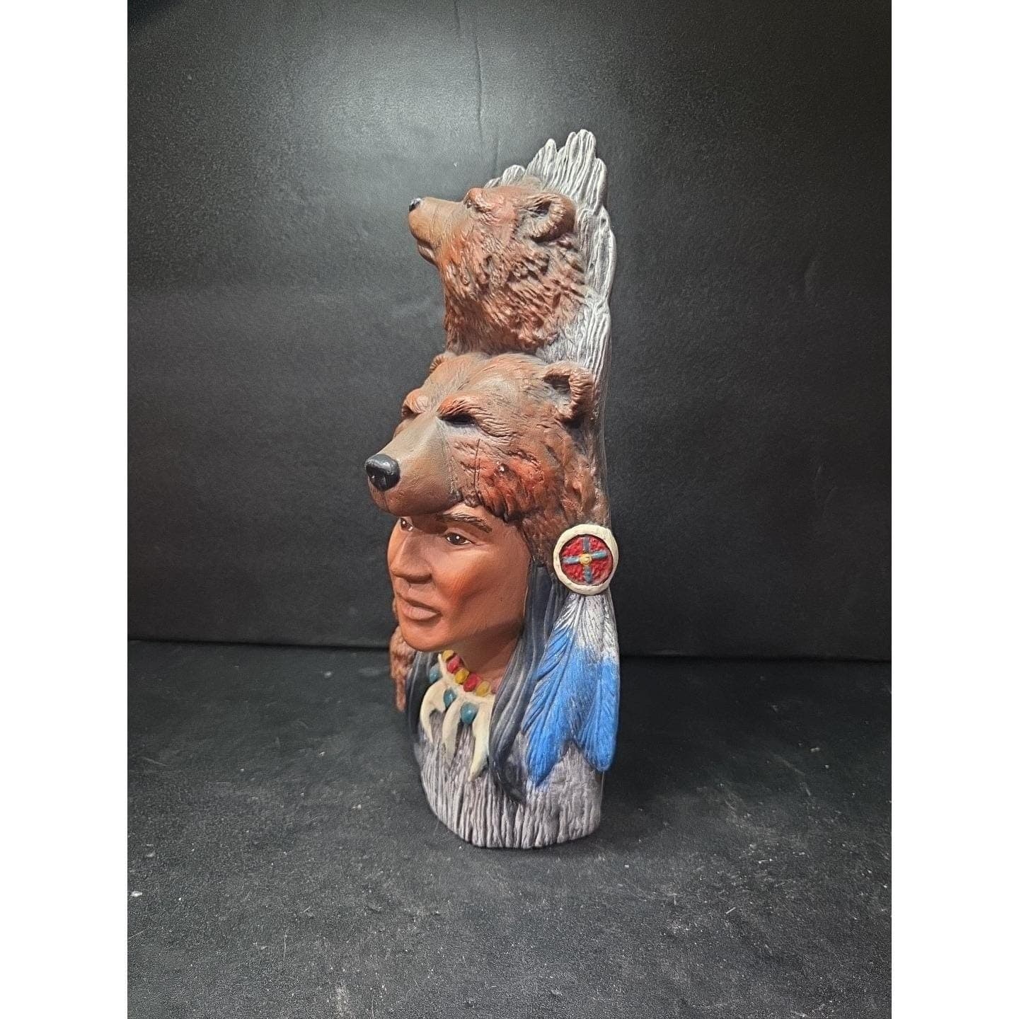 Native American Indian Chief with Bear Hat Ceramic Figurine, Vtg Spirit Decor - Thumbnail 6