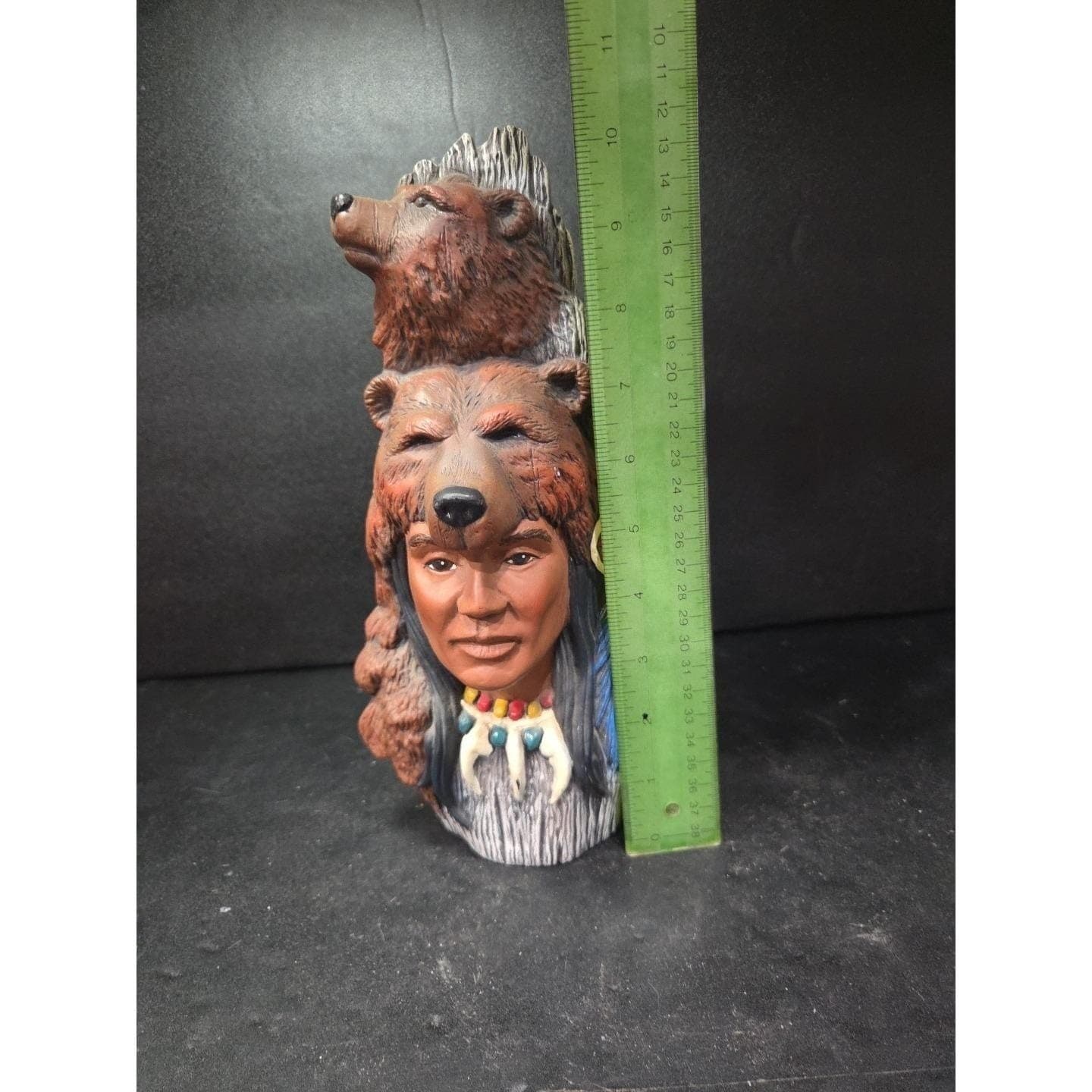 Native American Indian Chief with Bear Hat Ceramic Figurine, Vtg Spirit Decor - Thumbnail 9
