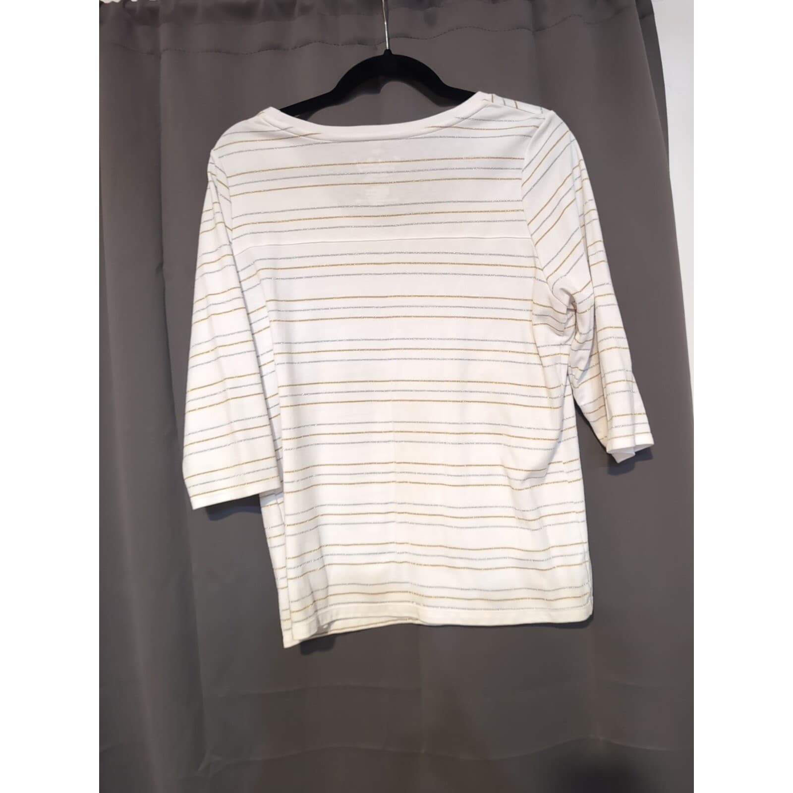 Coral Bay Missy White Gold Silver Metallic Striped 3/4 Sleeve Top, Women's Large - Thumbnail 2
