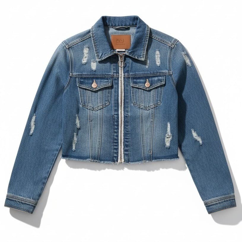 BBJ Los Angeles Distressed Denim Jacket, Medium Wash Zip Up, Cropped, Kids Large