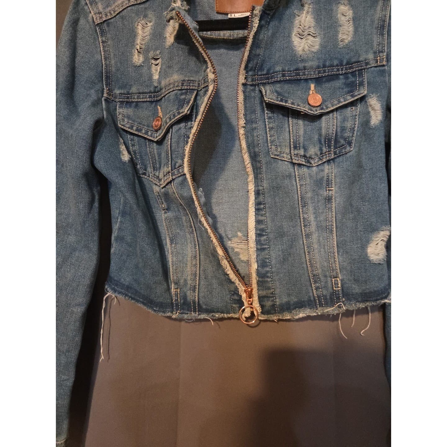 BBJ Los Angeles Distressed Denim Jacket, Medium Wash Zip Up, Cropped, Kids Large - Thumbnail 6