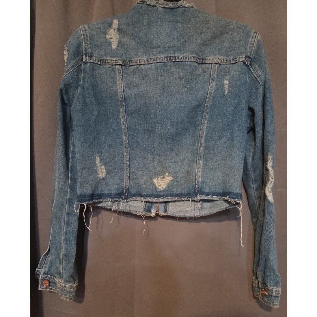 BBJ Los Angeles Distressed Denim Jacket, Medium Wash Zip Up, Cropped, Kids Large - Thumbnail 4