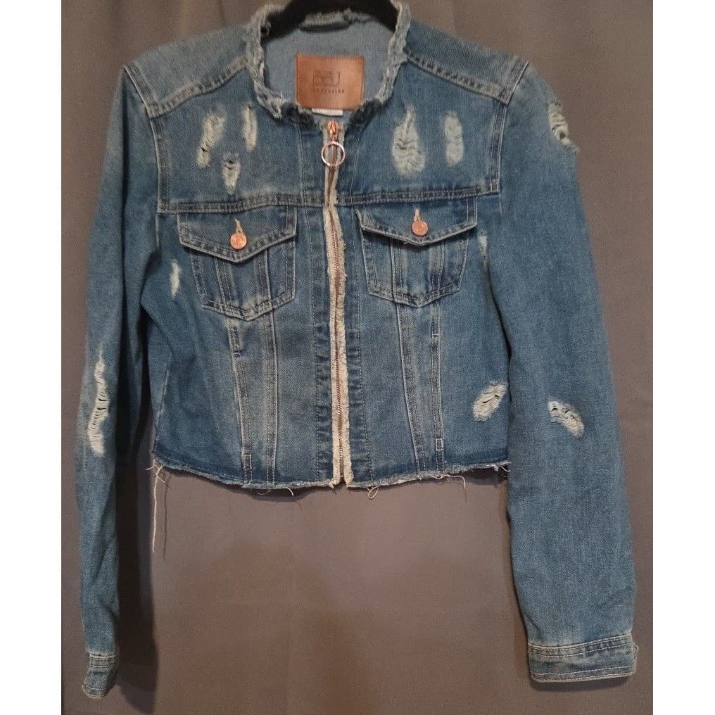 BBJ Los Angeles Distressed Denim Jacket, Medium Wash Zip Up, Cropped, Kids Large - Thumbnail 3