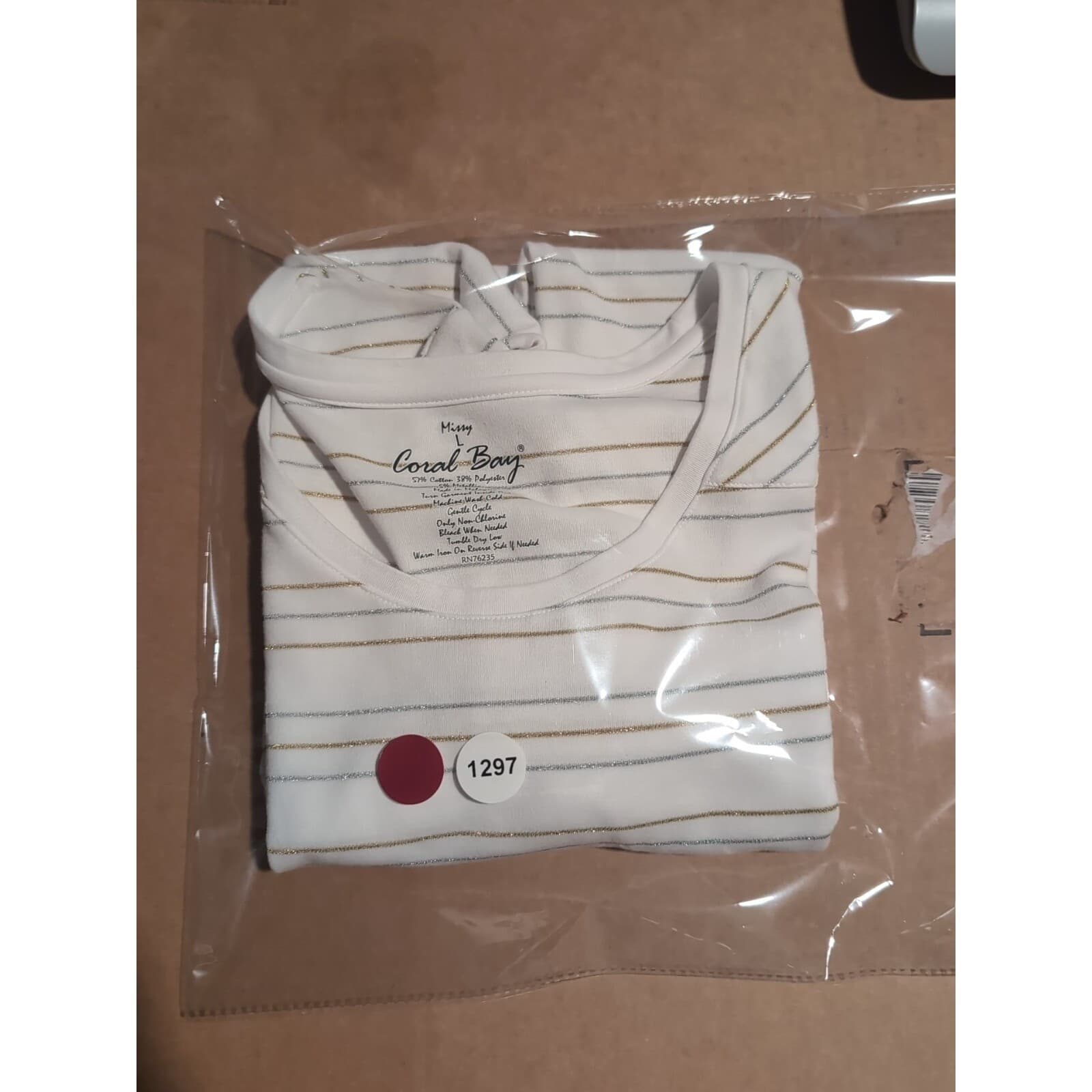 Coral Bay Missy White Gold Silver Metallic Striped 3/4 Sleeve Top, Women's Large - Thumbnail 5