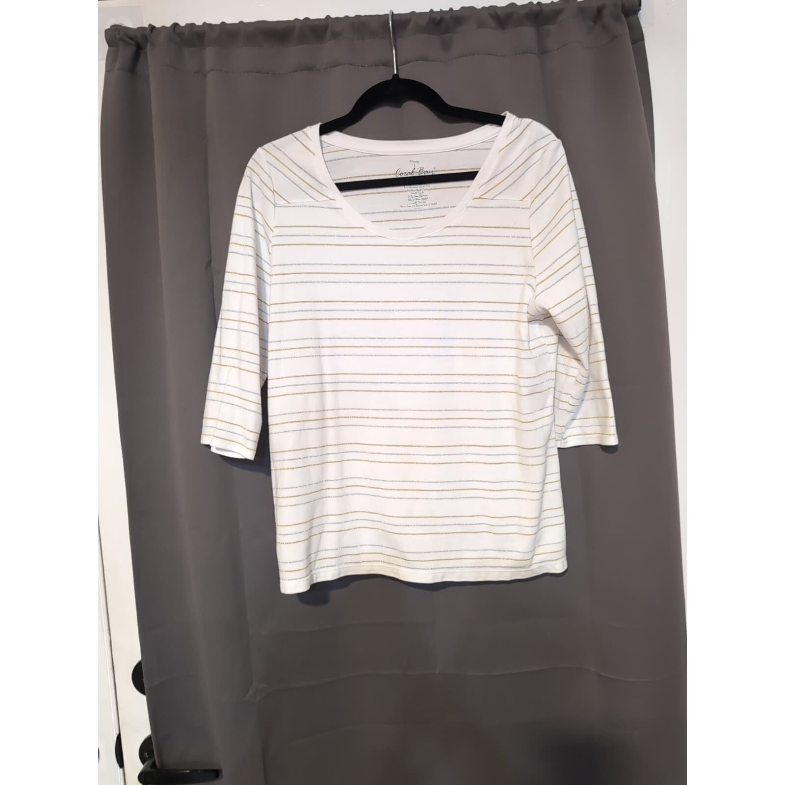 Coral Bay Missy White Gold Silver Metallic Striped 3/4 Sleeve Top, Women's Large