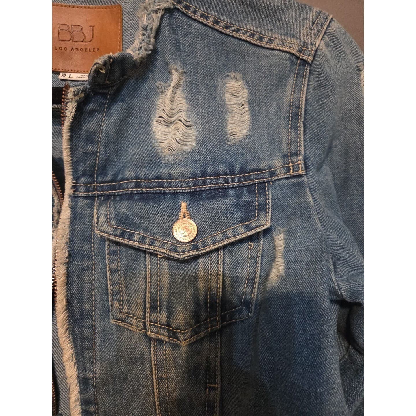 BBJ Los Angeles Distressed Denim Jacket, Medium Wash Zip Up, Cropped, Kids Large - Thumbnail 7