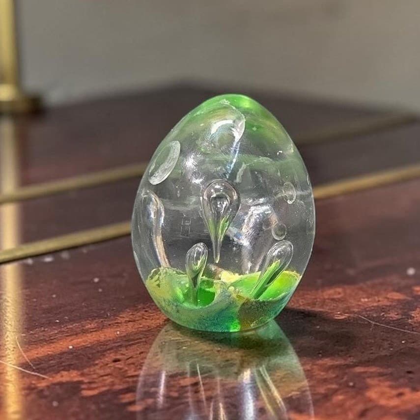 Dancing Green Bubble Paperweight, Vintage Egg Shaped Art Glass, Desk Decor