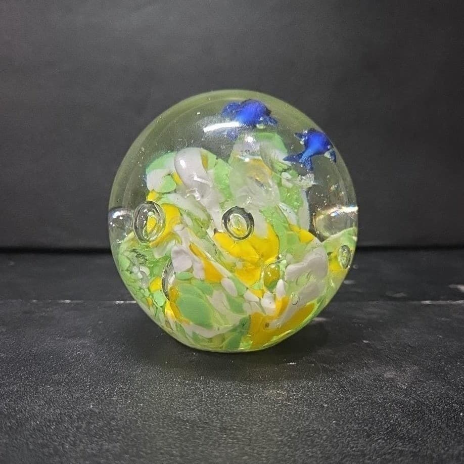 Dolphin with Green Yellow Waves Round Paperweight, Controlled Bubbles Sculpture - Thumbnail 3