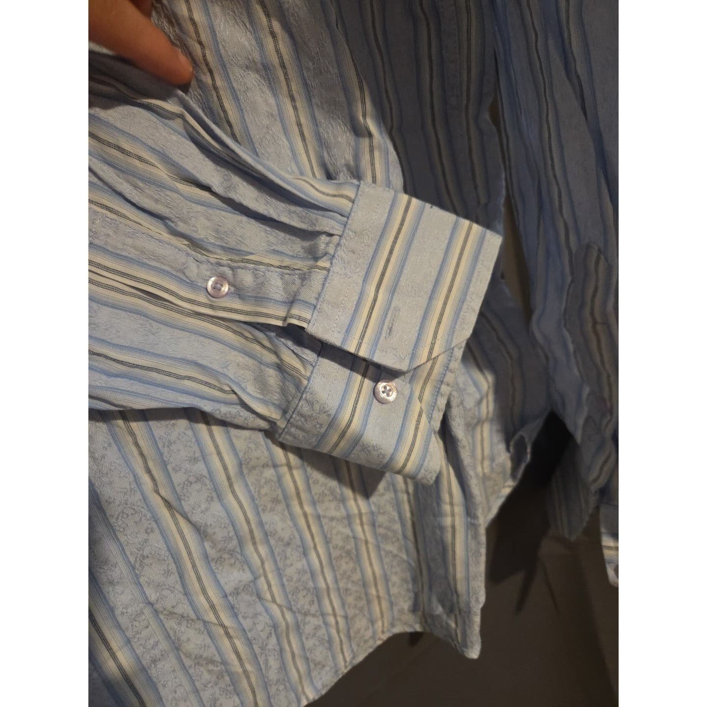 Bugatchi Uomo Blue White Striped Paisley Jacquard Button Down, Men's XL Shirt - Thumbnail 7