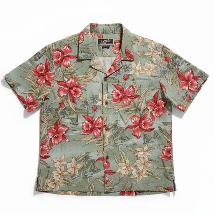 La Cabana Green Red Orchid Floral Sailboat Hawaiian Shirt, Men's Large, Rayon