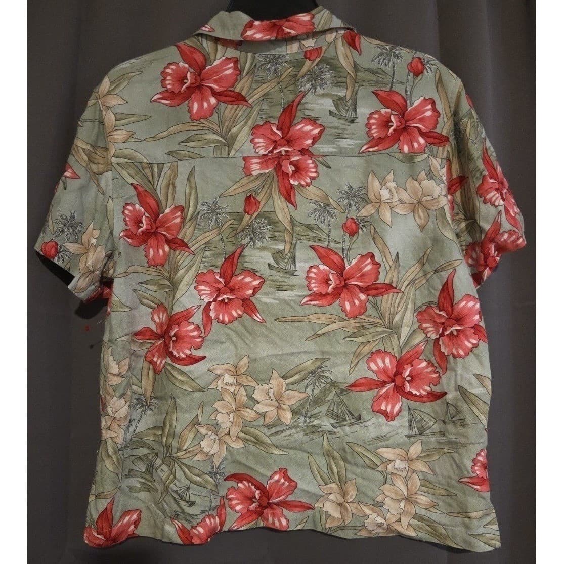 La Cabana Green Red Orchid Floral Sailboat Hawaiian Shirt, Men's Large, Rayon - Thumbnail 4