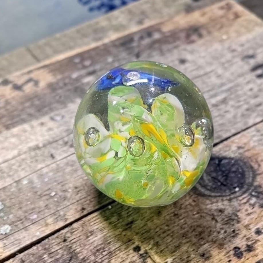 Dolphin with Green Yellow Waves Round Paperweight, Controlled Bubbles Sculpture