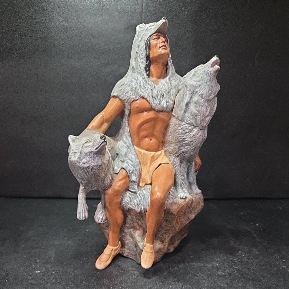 Provincial Mold Native American Figure With Wolves Statue, Hand-Painted Ceramic - Thumbnail 2