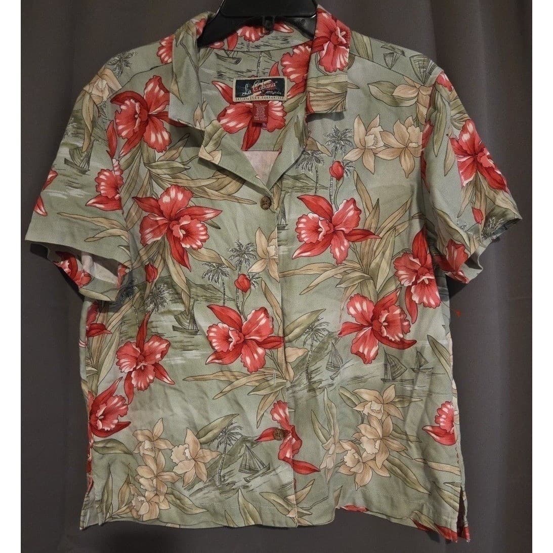La Cabana Green Red Orchid Floral Sailboat Hawaiian Shirt, Men's Large, Rayon - Thumbnail 3
