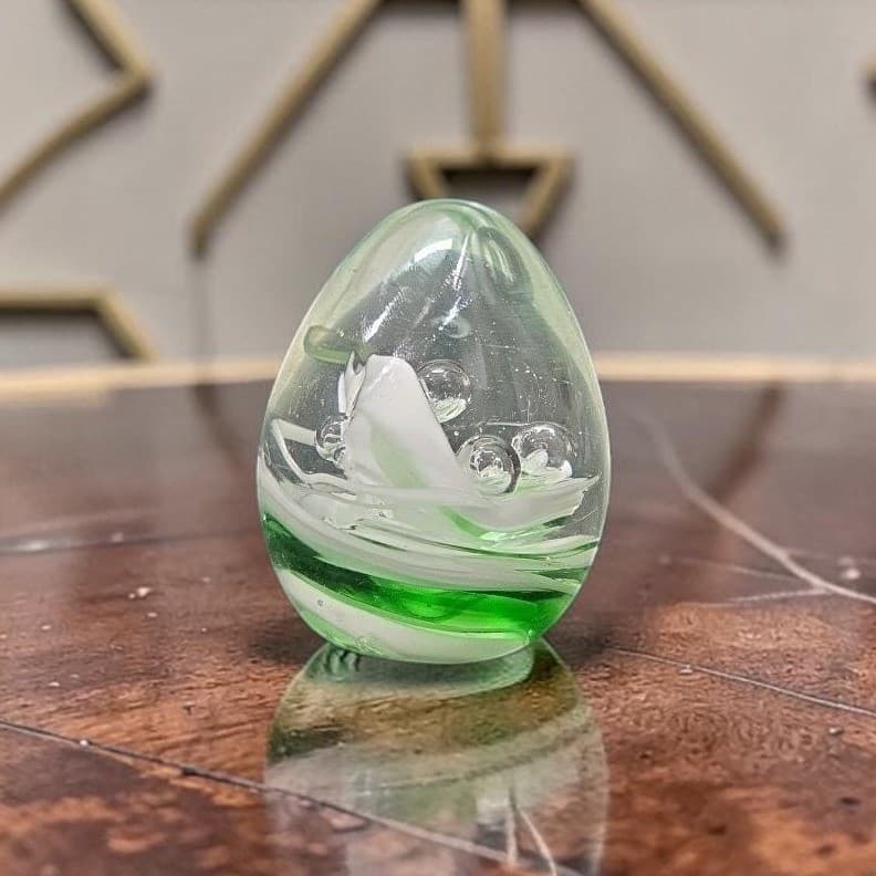 Egg Shaped Green & White Swirls Paperweight, Controlled Bubbles, Glass Sculpture