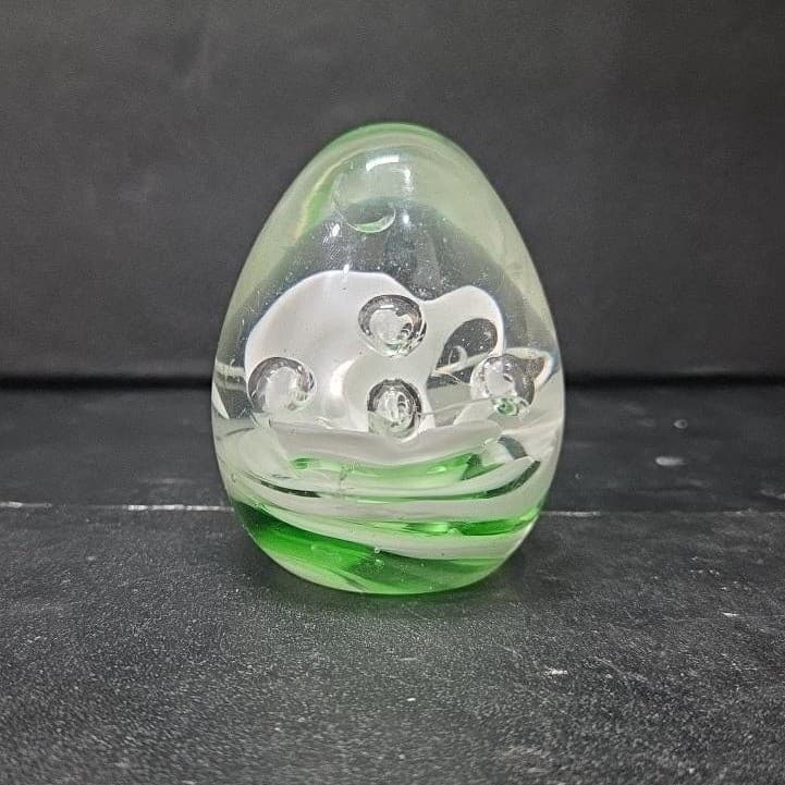 Egg Shaped Green & White Swirls Paperweight, Controlled Bubbles, Glass Sculpture - Thumbnail 3
