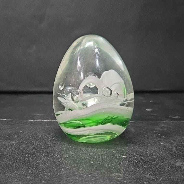 Egg Shaped Green & White Swirls Paperweight, Controlled Bubbles, Glass Sculpture - Thumbnail 4
