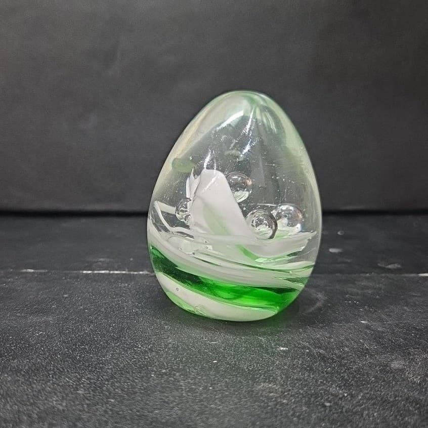 Egg Shaped Green & White Swirls Paperweight, Controlled Bubbles, Glass Sculpture - Thumbnail 5
