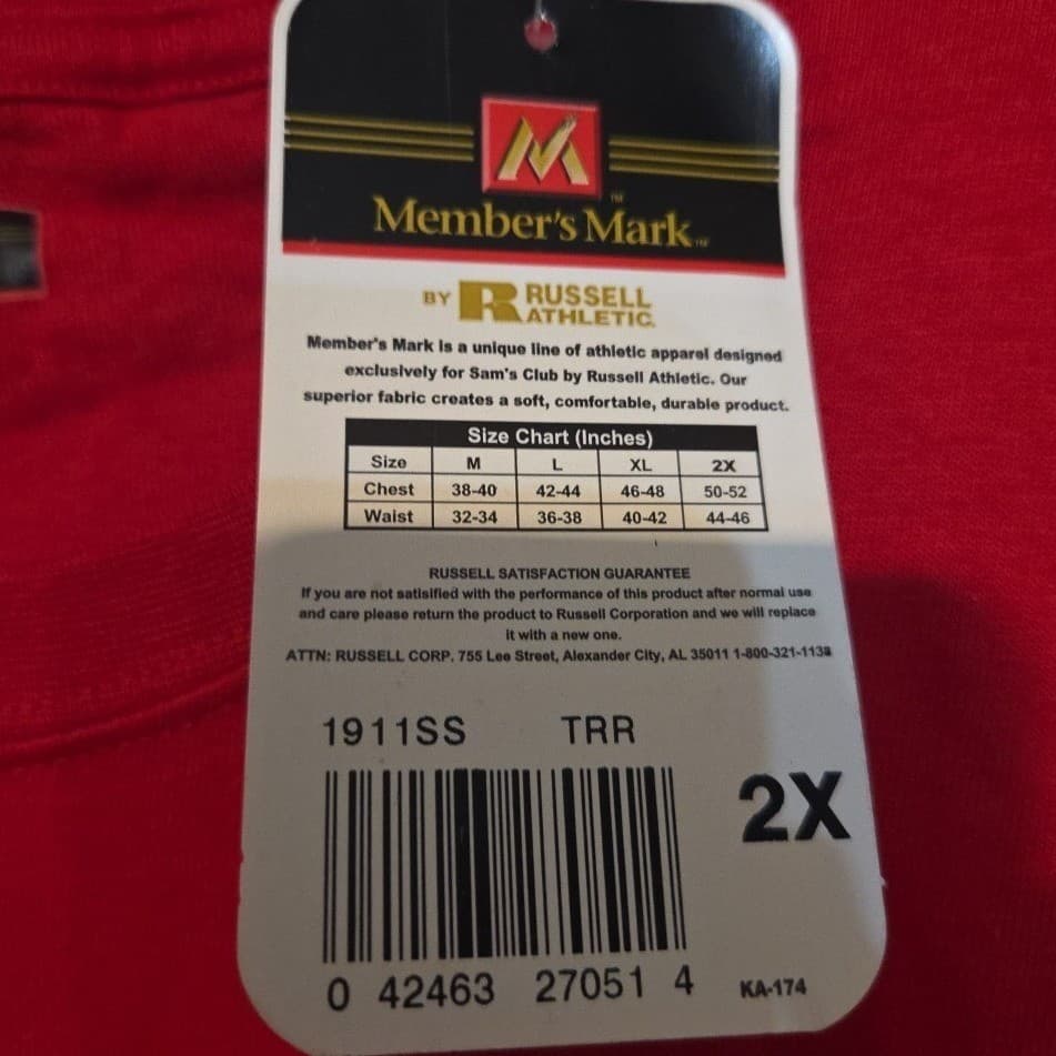 Member's Mark Russell Athletic Red Short Sleeve T-Shirt, Men's 2X Top, TRR NWT - Thumbnail 7
