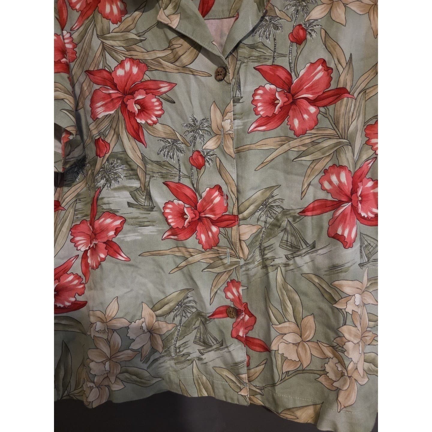 La Cabana Green Red Orchid Floral Sailboat Hawaiian Shirt, Men's Large, Rayon - Thumbnail 6