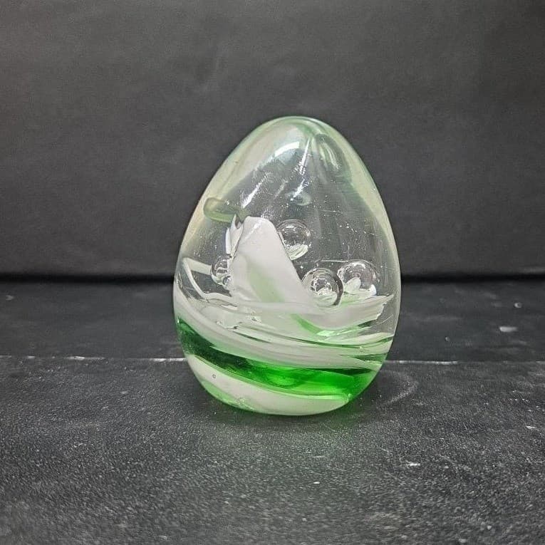 Egg Shaped Green & White Swirls Paperweight, Controlled Bubbles, Glass Sculpture - Thumbnail 2