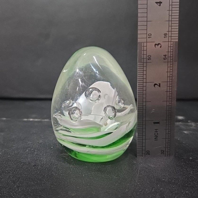 Egg Shaped Green & White Swirls Paperweight, Controlled Bubbles, Glass Sculpture - Thumbnail 8
