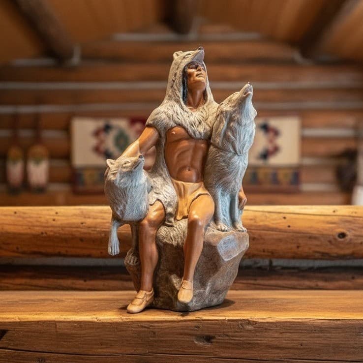 Provincial Mold Native American Figure With Wolves Statue, Hand-Painted Ceramic