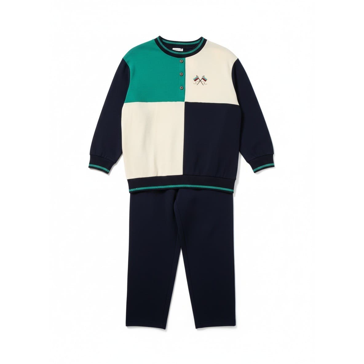 Cricket Lane Vintage Colorblock Henley Top and Pants Set Navy Green Cream Large