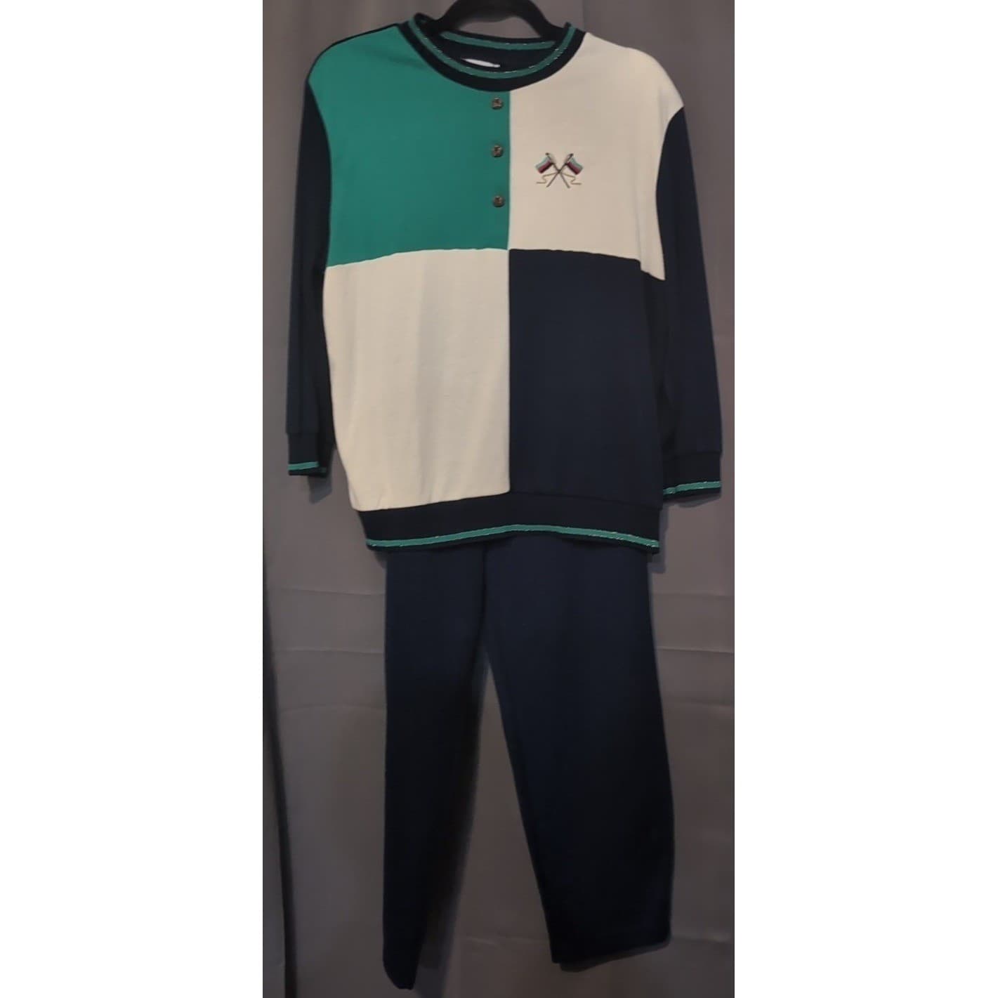Cricket Lane Vintage Colorblock Henley Top and Pants Set Navy Green Cream Large - Thumbnail 4