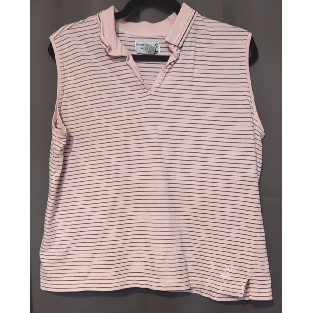 Coral Bay Golf Pink Striped Sleeveless Polo, Woman's XL Mercerized Cotton V-Neck - Thumbnail 3