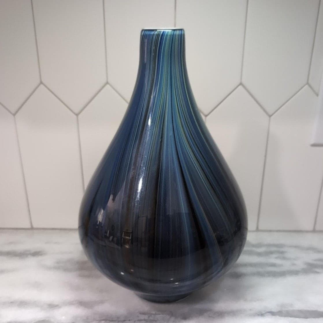 Pucci Blue Multicolor Swirl Design Vase, Vtg Cased Glass, Hand Blown Centerpiece - Thumbnail 2