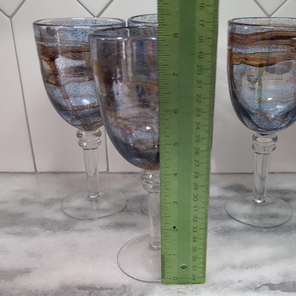 Recycled Blue Brown Swirl Design Goblets, Set of 4, Vintage Stemware, Art Glass - Thumbnail 9