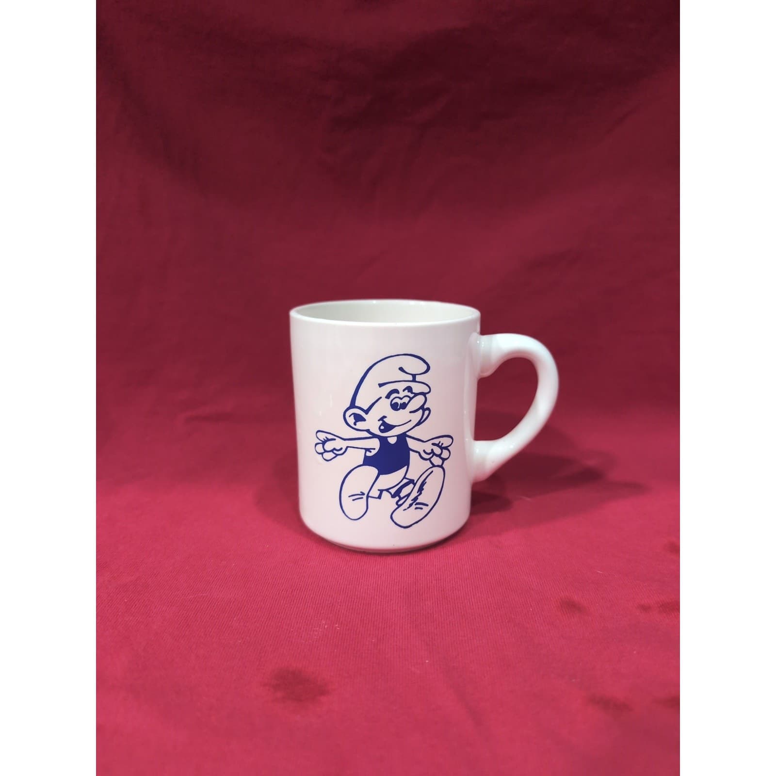 Smurfs Cartoon Character Mug, 1980s Ceramic Coffee Cup, Collectible White Mug