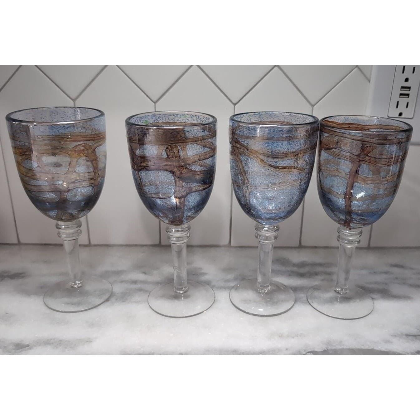 Recycled Blue Brown Swirl Design Goblets, Set of 4, Vintage Stemware, Art Glass - Thumbnail 2