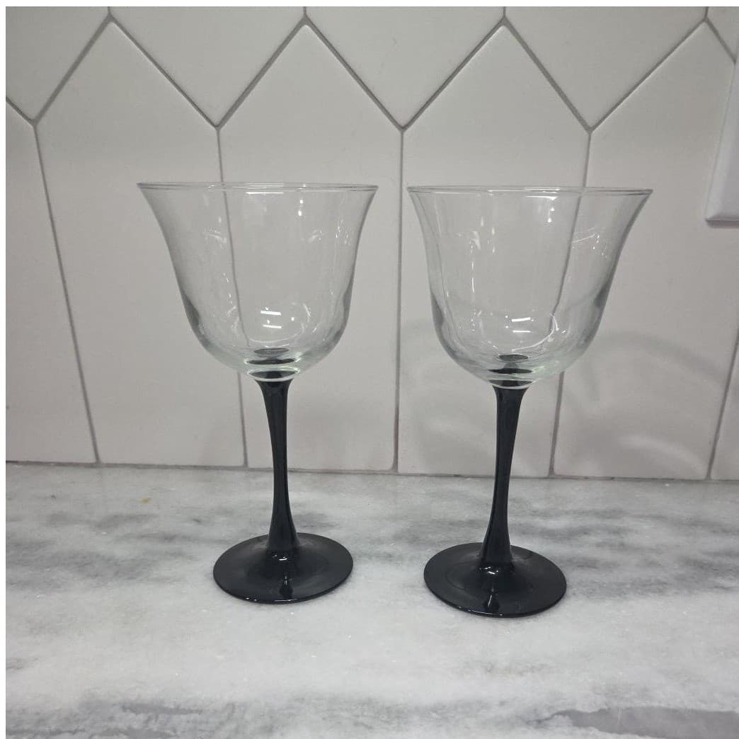 Luminarc Black Stemmed Tulip Wine Glasses, Set of 2, Vtg Domino Design, Stemware - Thumbnail 3