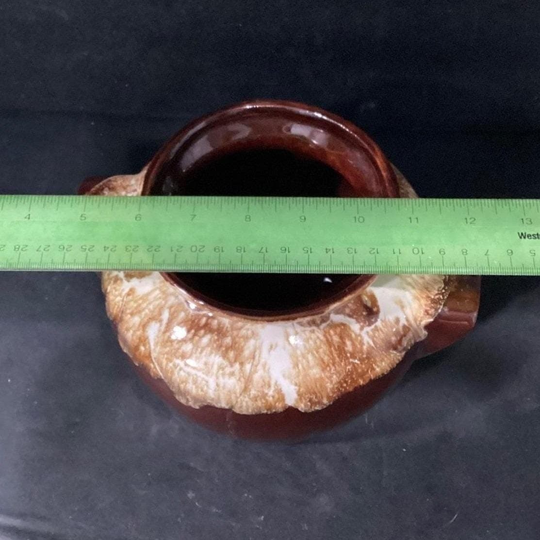 Brown Drip Glaze Bean Pot, Vintage Stoneware Crock, Farmhouse Kitchen Accent - Thumbnail 4