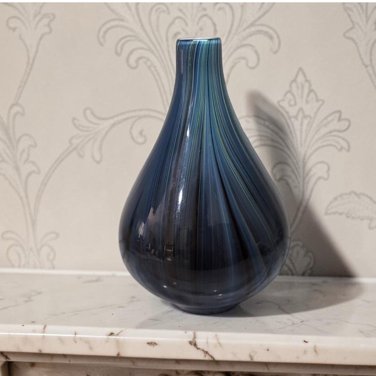 Pucci Blue Multicolor Swirl Design Vase, Vtg Cased Glass, Hand Blown Centerpiece