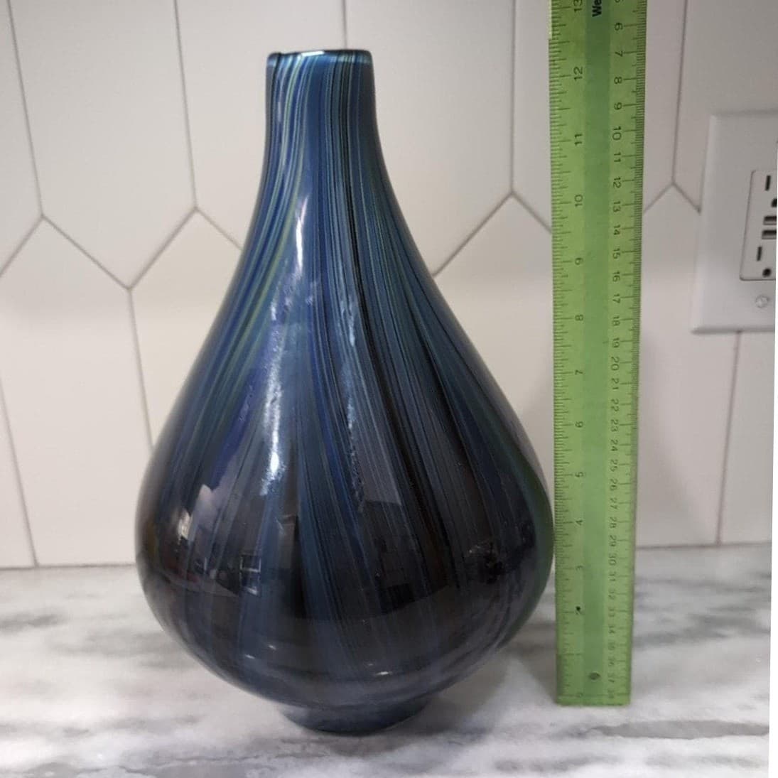 Pucci Blue Multicolor Swirl Design Vase, Vtg Cased Glass, Hand Blown Centerpiece - Thumbnail 8