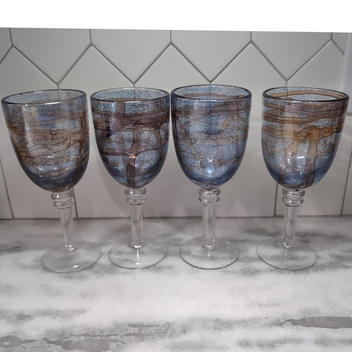 Recycled Blue Brown Swirl Design Goblets, Set of 4, Vintage Stemware, Art Glass - Thumbnail 4