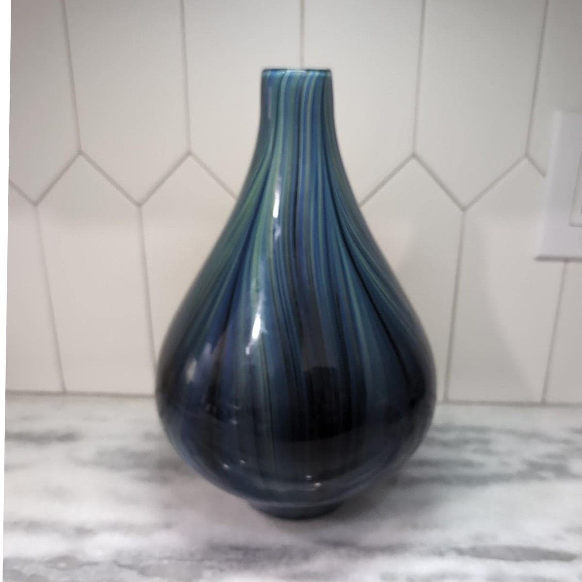 Pucci Blue Multicolor Swirl Design Vase, Vtg Cased Glass, Hand Blown Centerpiece - Thumbnail 4