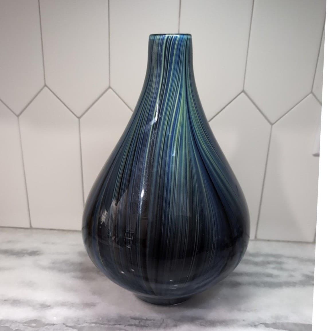 Pucci Blue Multicolor Swirl Design Vase, Vtg Cased Glass, Hand Blown Centerpiece - Thumbnail 3