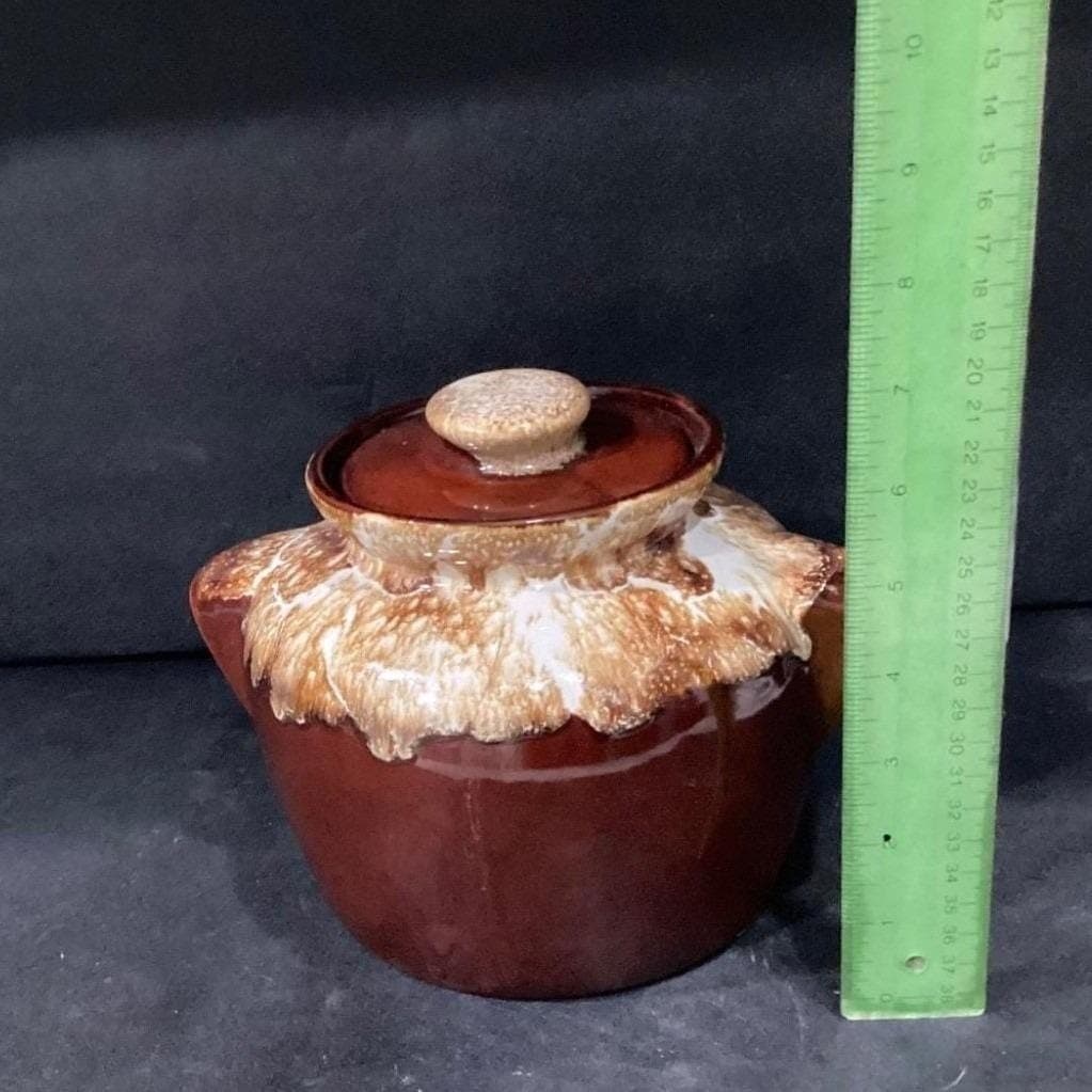 Brown Drip Glaze Bean Pot, Vintage Stoneware Crock, Farmhouse Kitchen Accent - Thumbnail 3