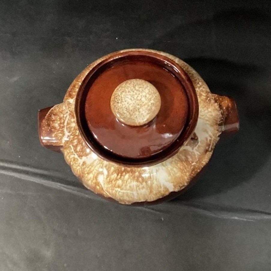 Brown Drip Glaze Bean Pot, Vintage Stoneware Crock, Farmhouse Kitchen Accent - Thumbnail 7